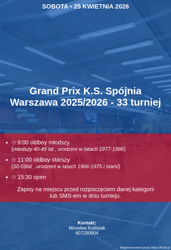 Plakat turnieju Grand Prix K.S. Spójnia Warszawa 2025/2026 - 33  turniej