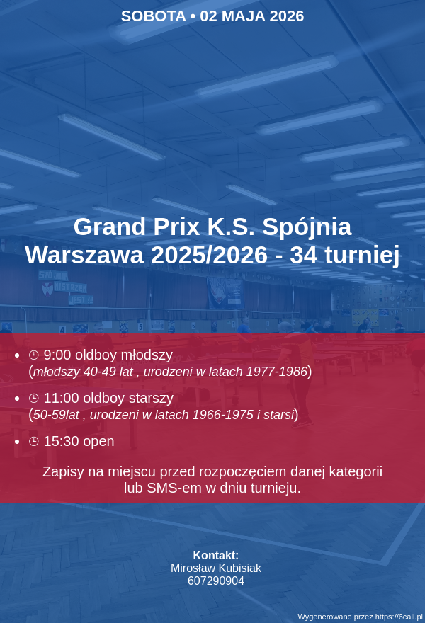 Plakat turnieju Grand Prix K.S. Spójnia Warszawa 2025/2026 - 34  turniej