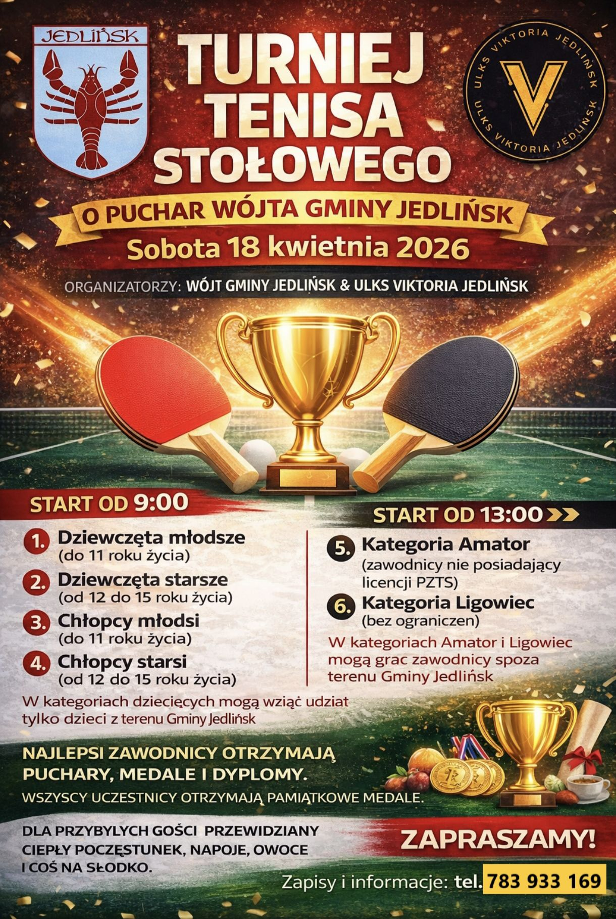 Plakat turnieju Turniej Viktorii ULKS Tenisa Stołowego o Puchar Wójta Gminy Jedlińsk (18 kwietnia 2026)