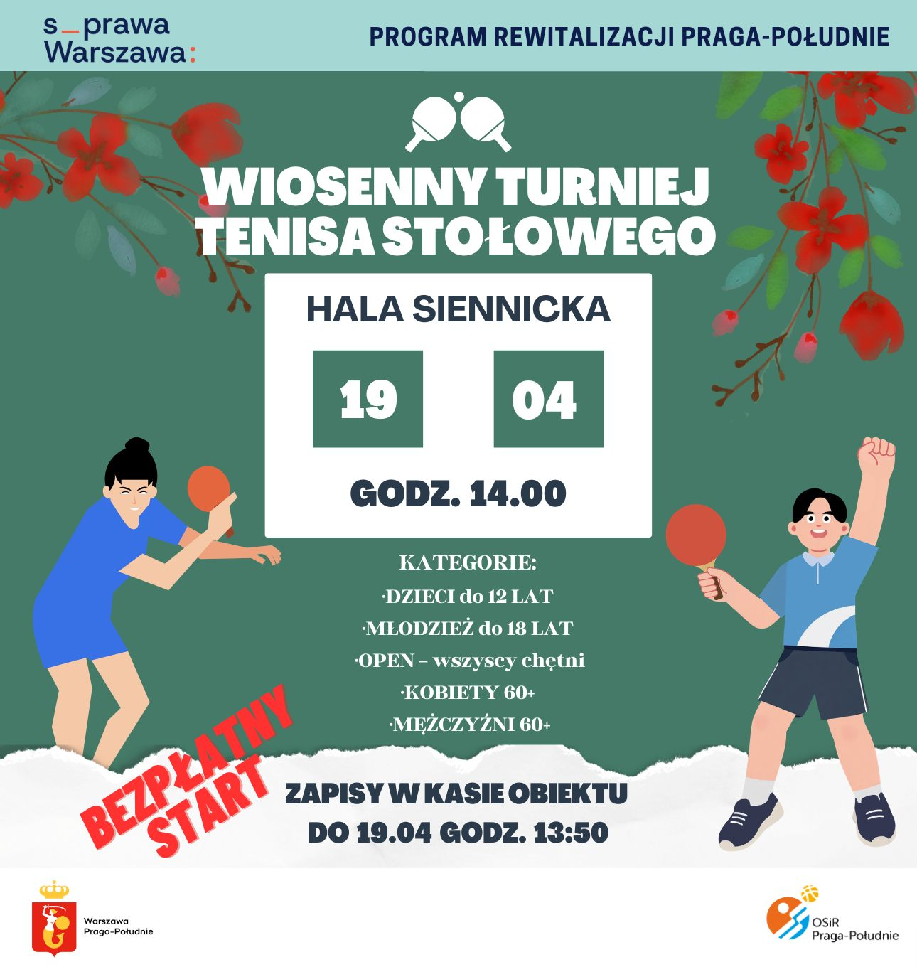 Plakat turnieju Wiosenny Turniej Tenisa Stołowego 2026 (19 kwietnia 2026)