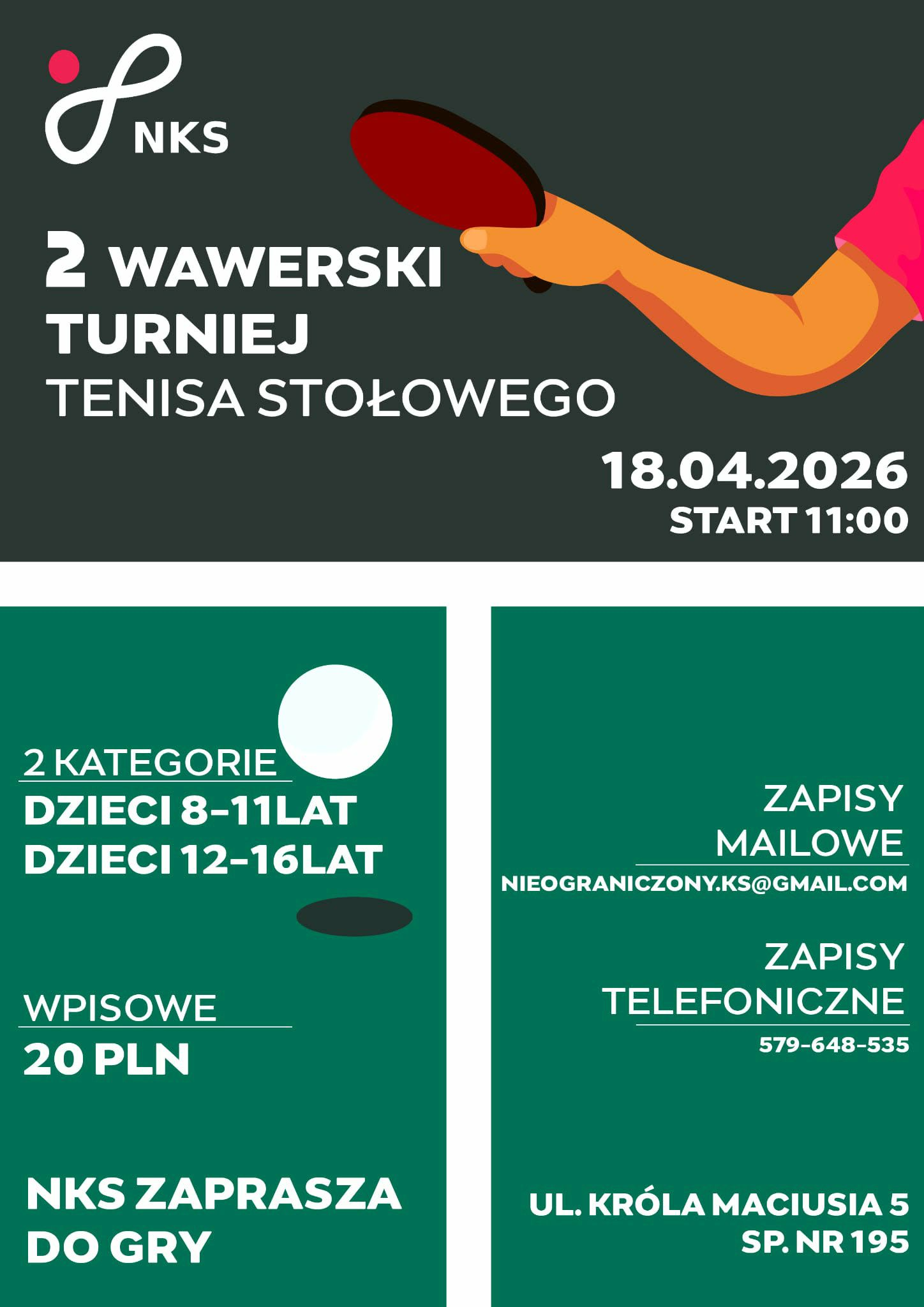 Plakat turnieju II Wawerski Turniej Tenisa Stołowego (18 kwietnia 2026)
