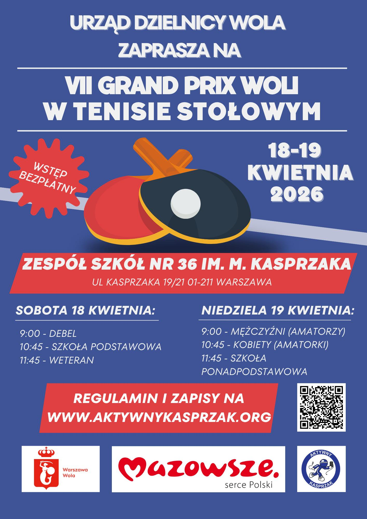 Plakat turnieju VII GRAND PRIX WOLI w tenisie stołowym (18-19 kwietnia 2026)