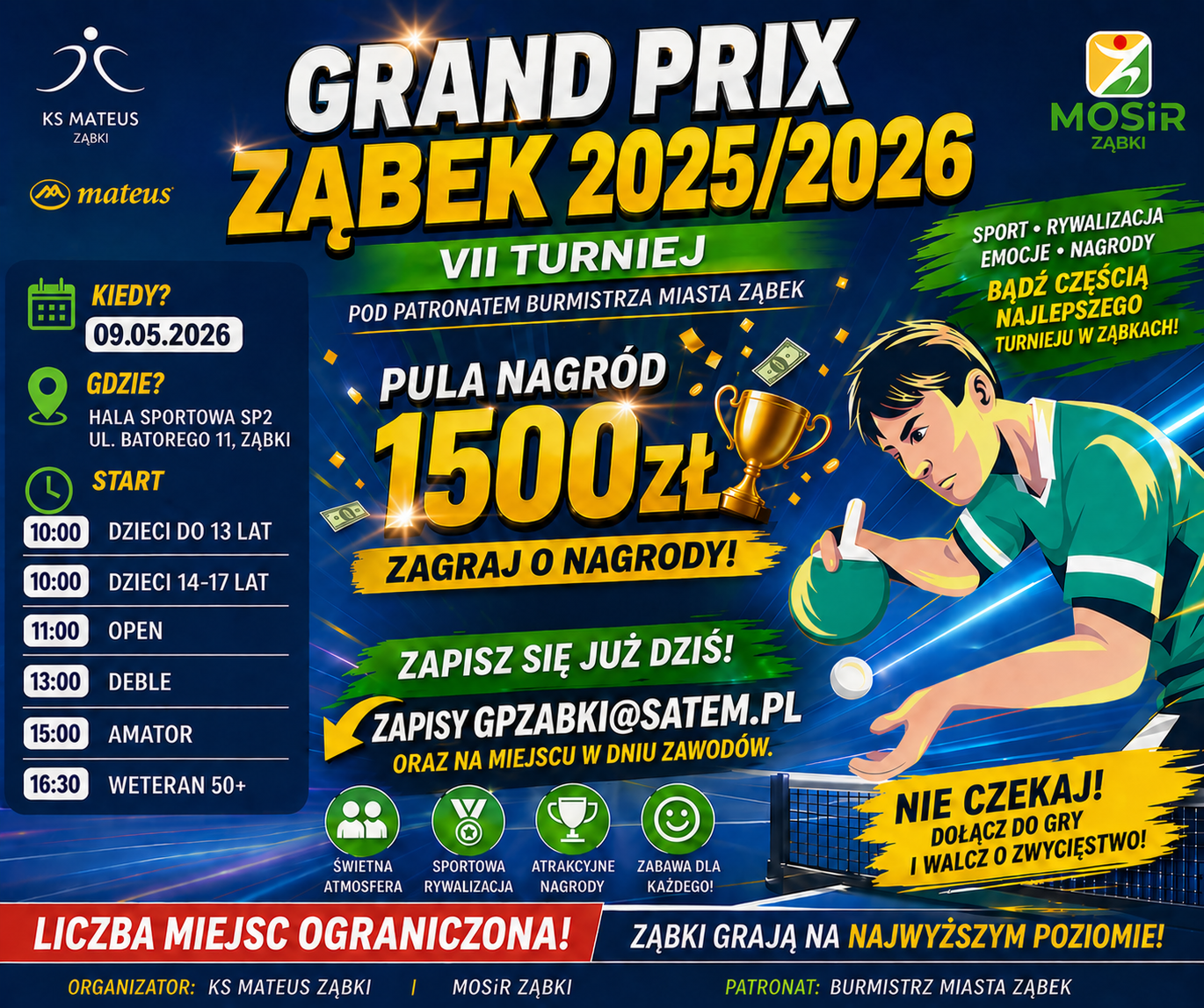 Plakat turnieju GRAND PRIX Ząbek 2025/2026 w Tenisie Stołowym - siódmy turniej