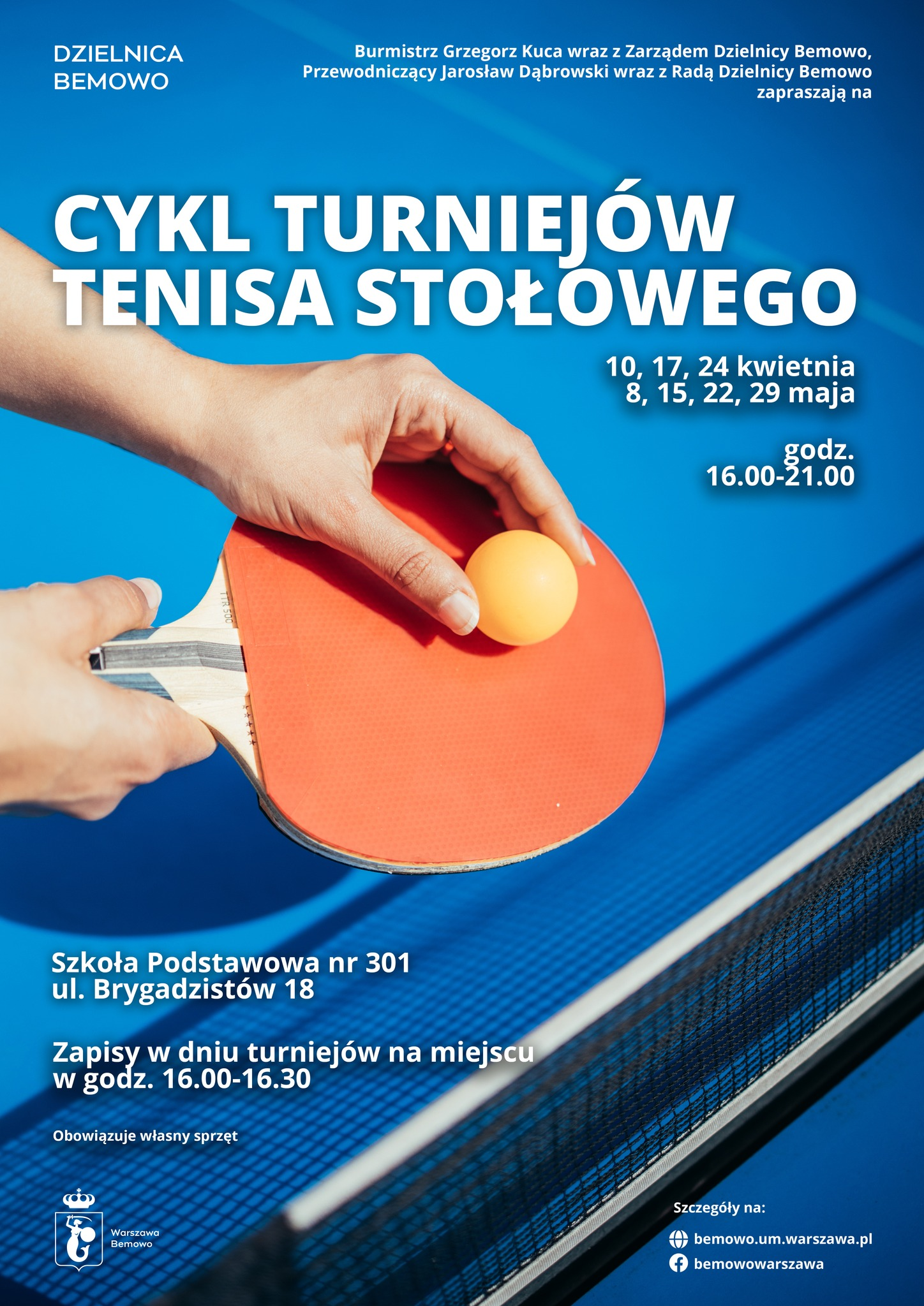 Plakat turnieju Cykl Turniejów Tenisa Stołowego 2026 (10, 17, 24 kwietnia; 8, 15, 22, 29 maja)