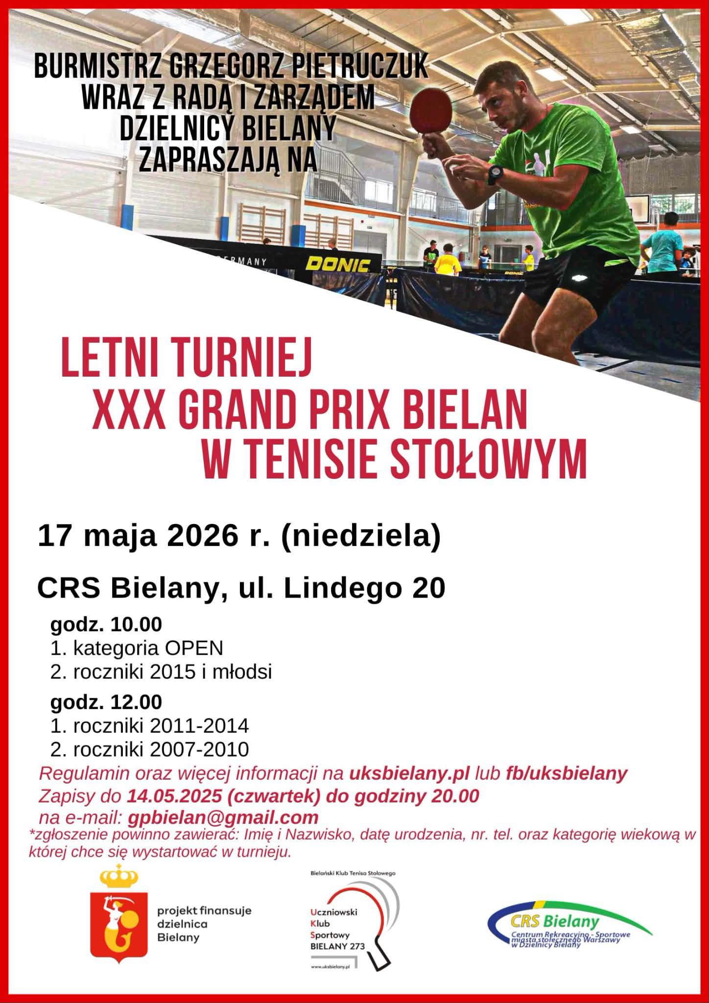 Plakat turnieju XXX Grand Prix Bielan w Tenisie Stołowym (17 maja 2026)