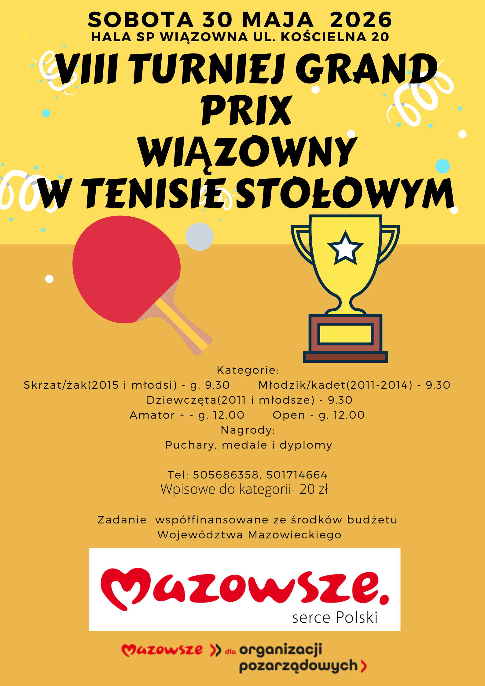 Plakat turnieju VIII Turniej Grand Prix Wiązowny w Tenisie Stołowym