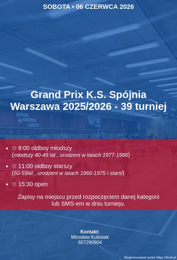 Plakat turnieju Grand Prix K.S. Spójnia Warszawa 2025/2026 - 39  turniej