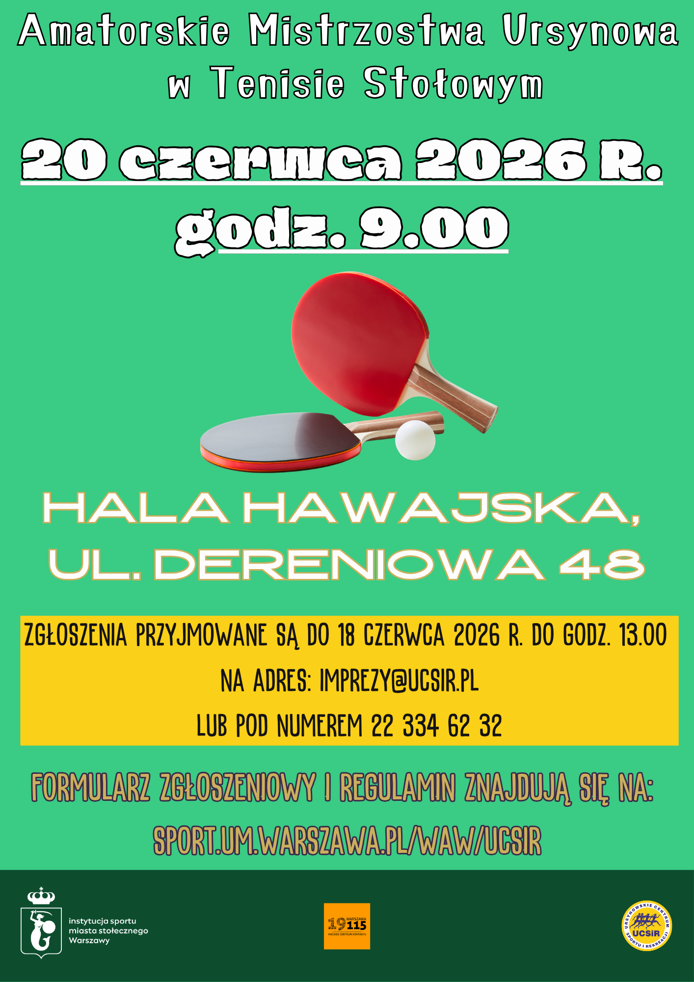 Plakat turnieju Amatorskie Mistrzostwa Ursynowa w Tenisie Stołowym
