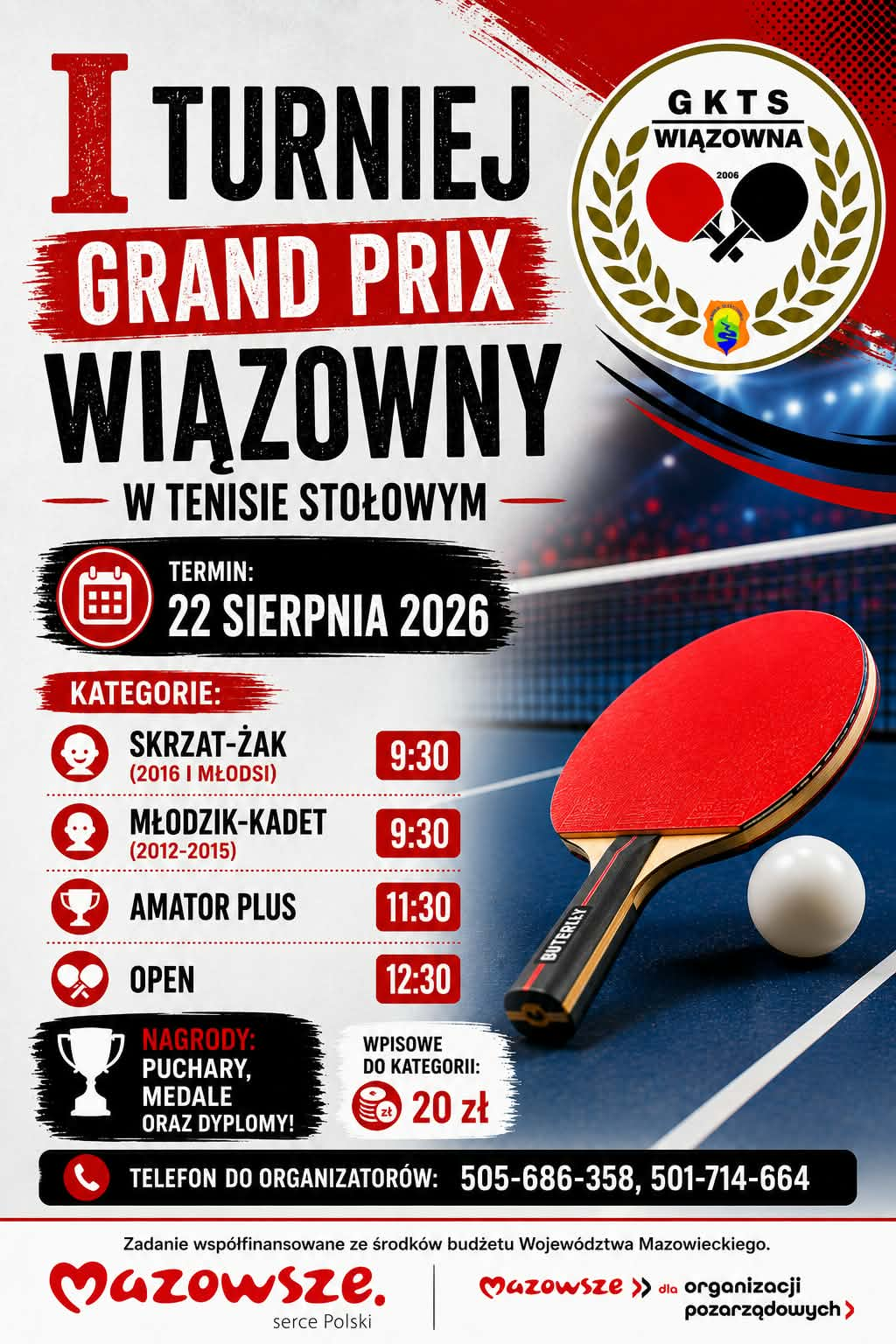 Plakat turnieju I Turniej Grand Prix Wiązowny w Tenisie Stołowym 2026/2027 (22 sieprnia 2026)