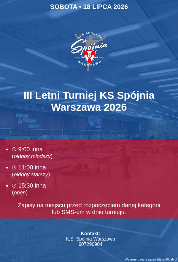 Plakat turnieju III Letni Turniej KS Spójnia Warszawa 2026