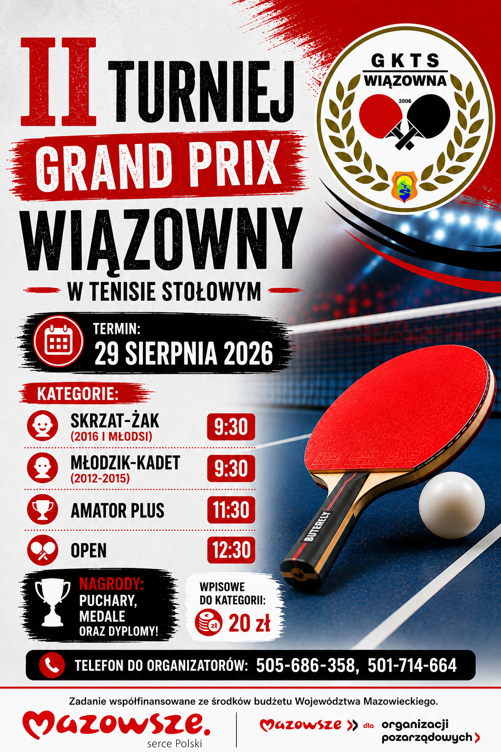 Plakat turnieju II  Turniej Grand Prix Wiązowny w Tenisie Stołowym 2026/2027  (22 sierpnia 2026)