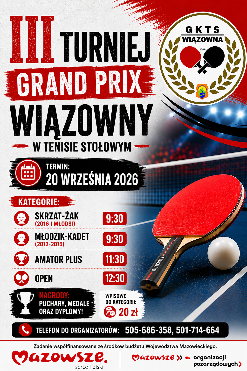 Plakat turnieju III Turniej Grand Prix Wiązowny w Tenisie Stołowym (20 września 2026)