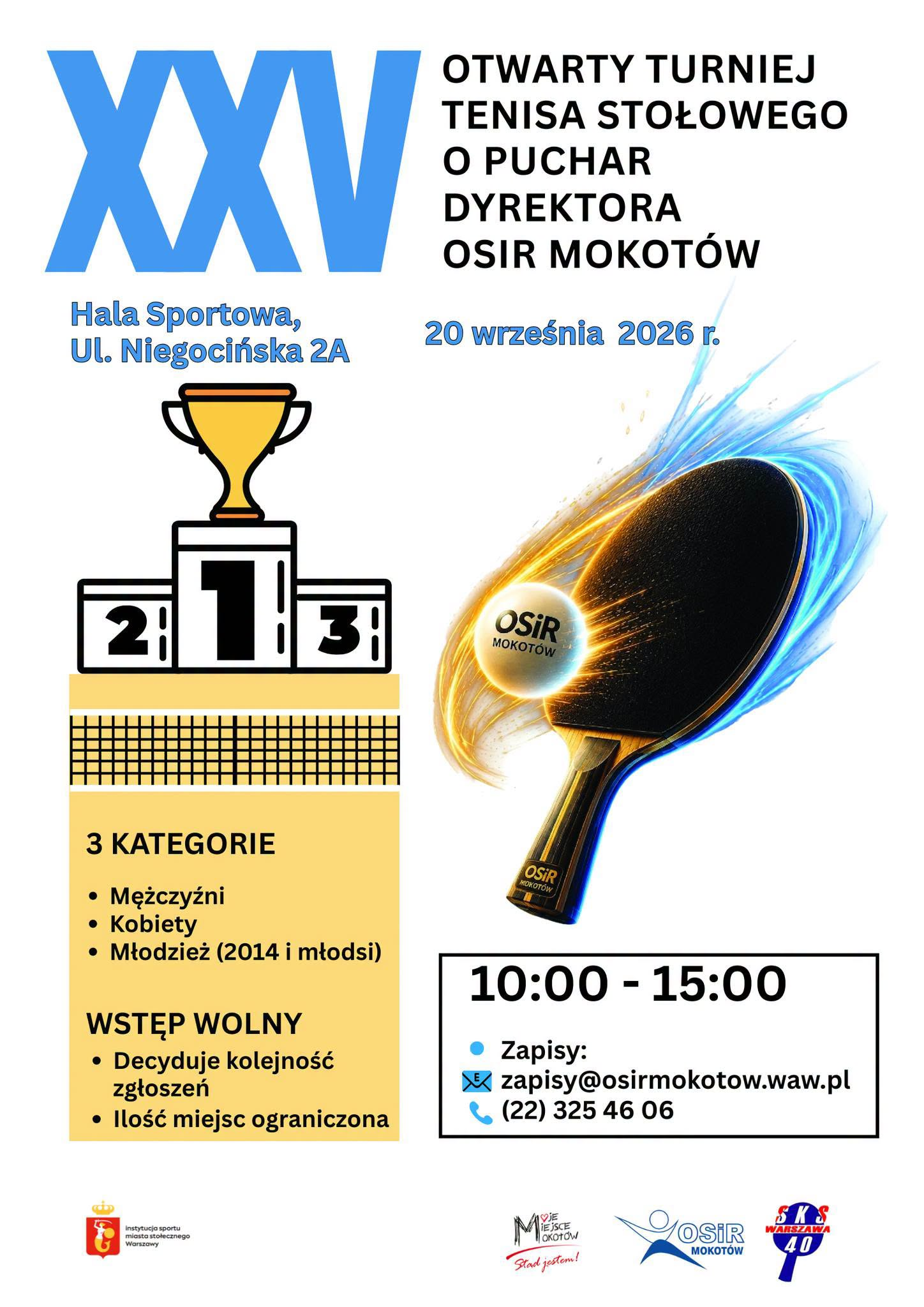 Plakat turnieju XXV Otwarty Turniej Tenisa Stołowego o Puchar Dyrektora OSiR Mokotów (20 września 2026)