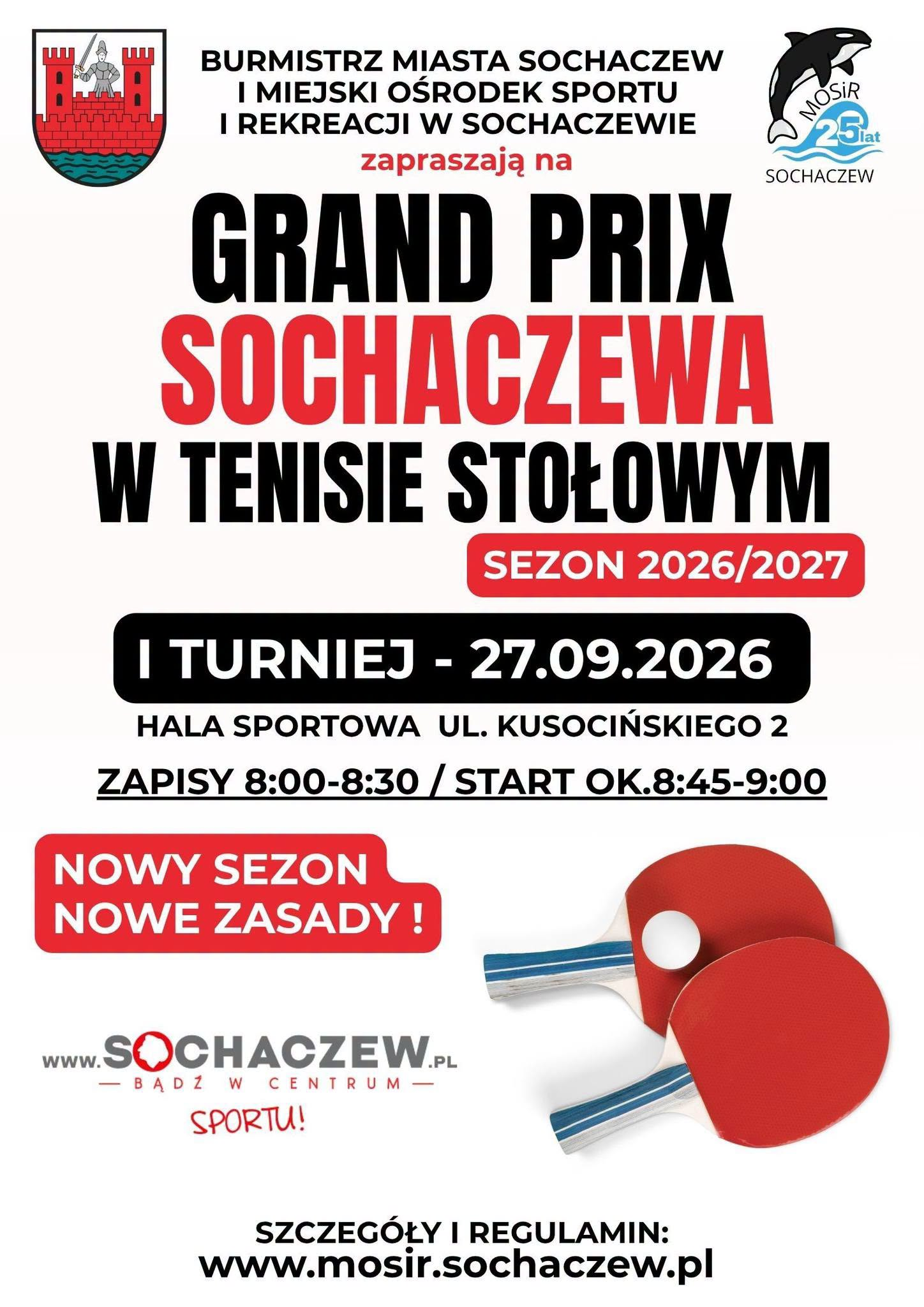 Plakat turnieju GRAND PRIX Sochaczewa w Tenisie Stołowym Sezon 2026/2027 (27 września 2026)