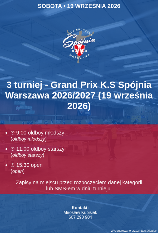 Plakat turnieju 3  turniej - Grand Prix K.S Spójnia Warszawa 2026/2027 (19 września 2026)