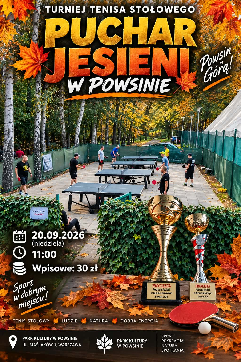 Plakat turnieju Turniej Tenisa Stołowego Puchar Jesieni w Powsinie (20 września 2026)