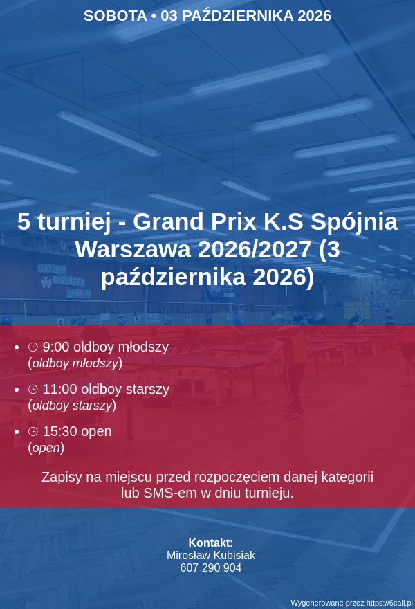 Plakat turnieju 5  turniej - Grand Prix K.S Spójnia Warszawa 2026/2027 (3 października 2026)