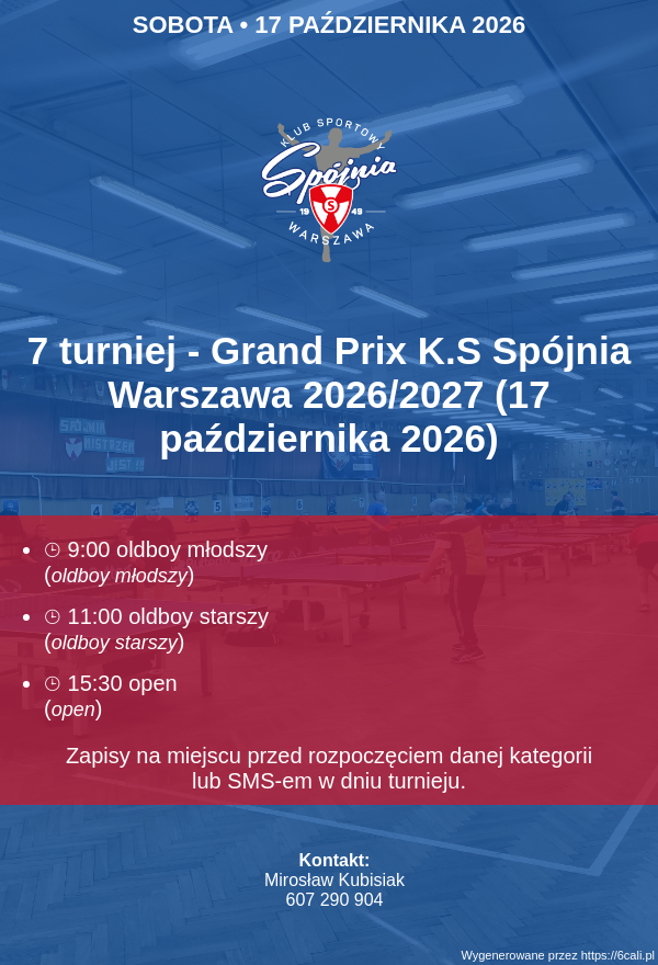 Plakat turnieju 7  turniej - Grand Prix K.S Spójnia Warszawa 2026/2027 (17 października 2026)