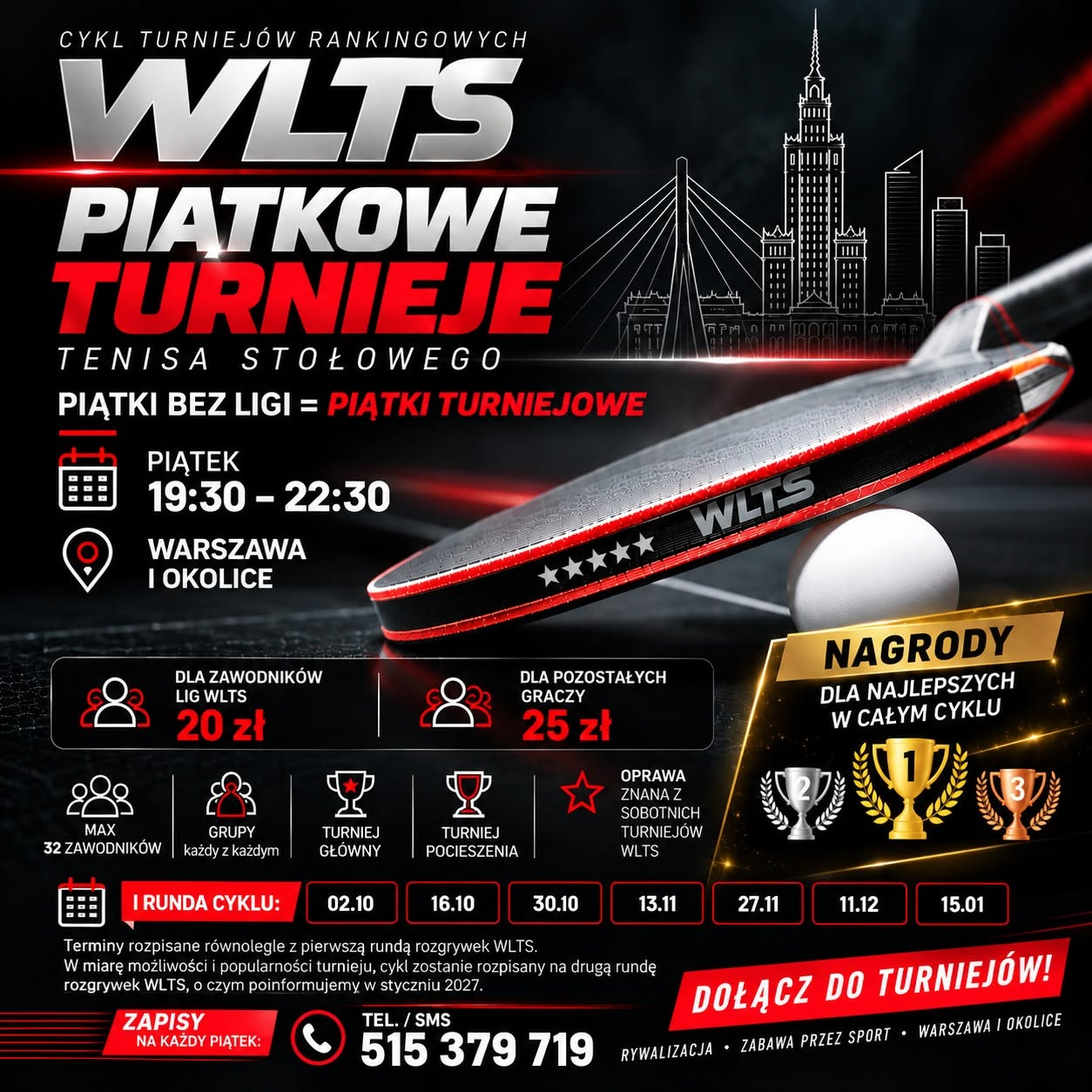 Plakat turnieju CYKL TURNIEJÓW RANKINGOWYCH WLTS PIĄTKOWE TURNIEJE 0110 TENISA STOŁOWEGO