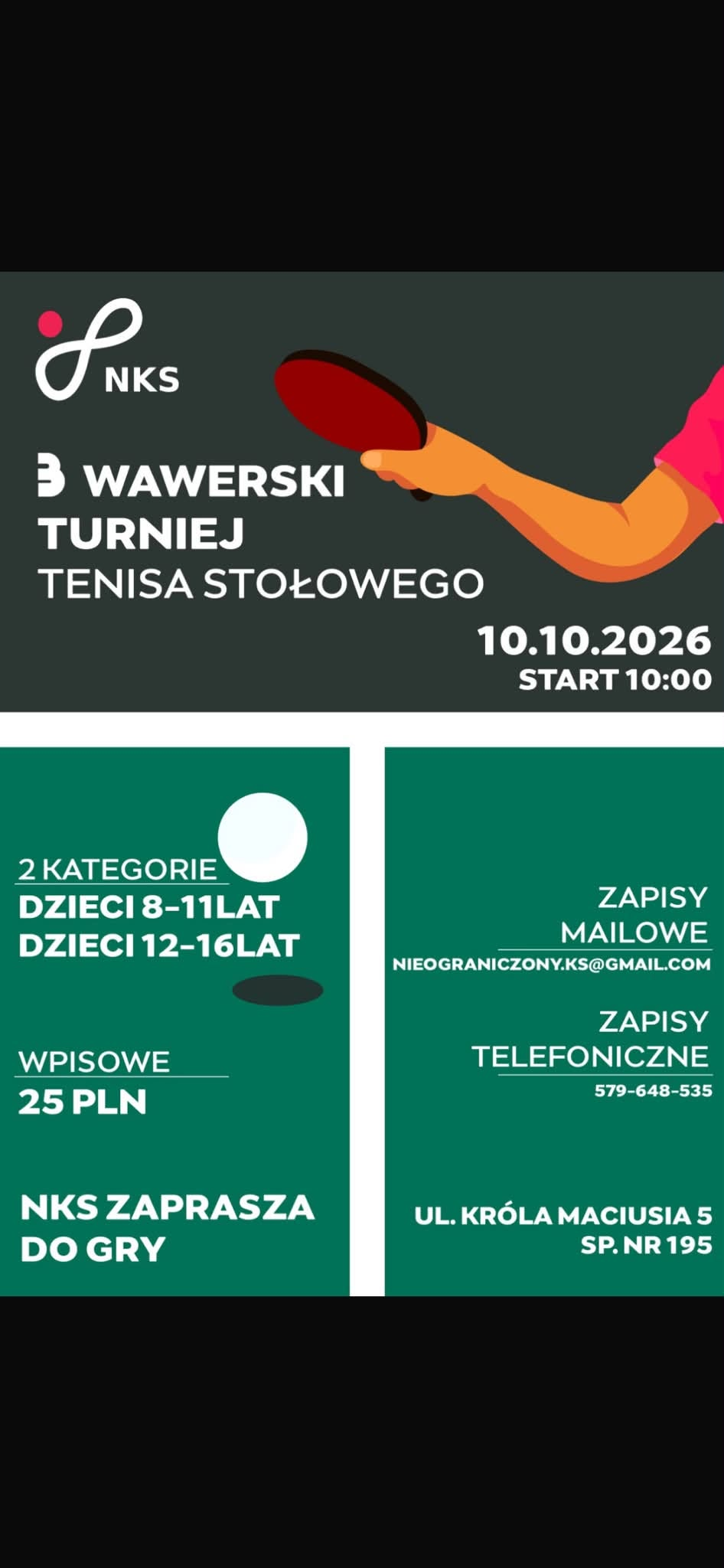 Plakat turnieju 8 NKS 3 Wawerski Turniej Tenisa Stołowego (10 października 2026)