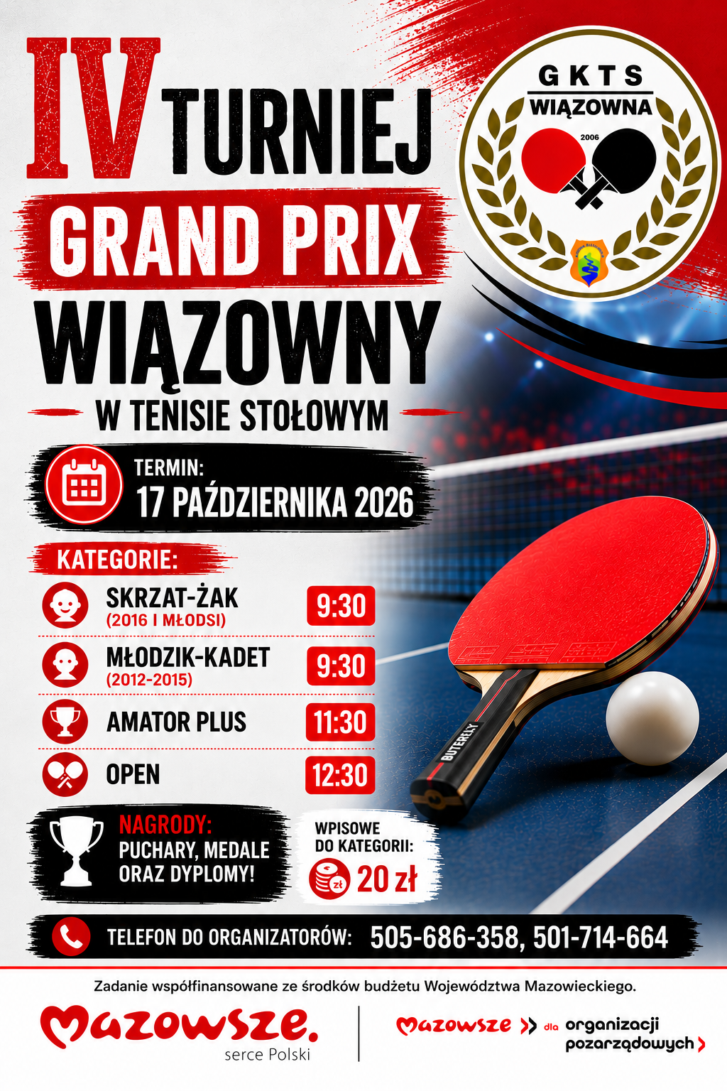Plakat turnieju IV Turniej Grand Prix Wiązowny w Tenisie Stołowym