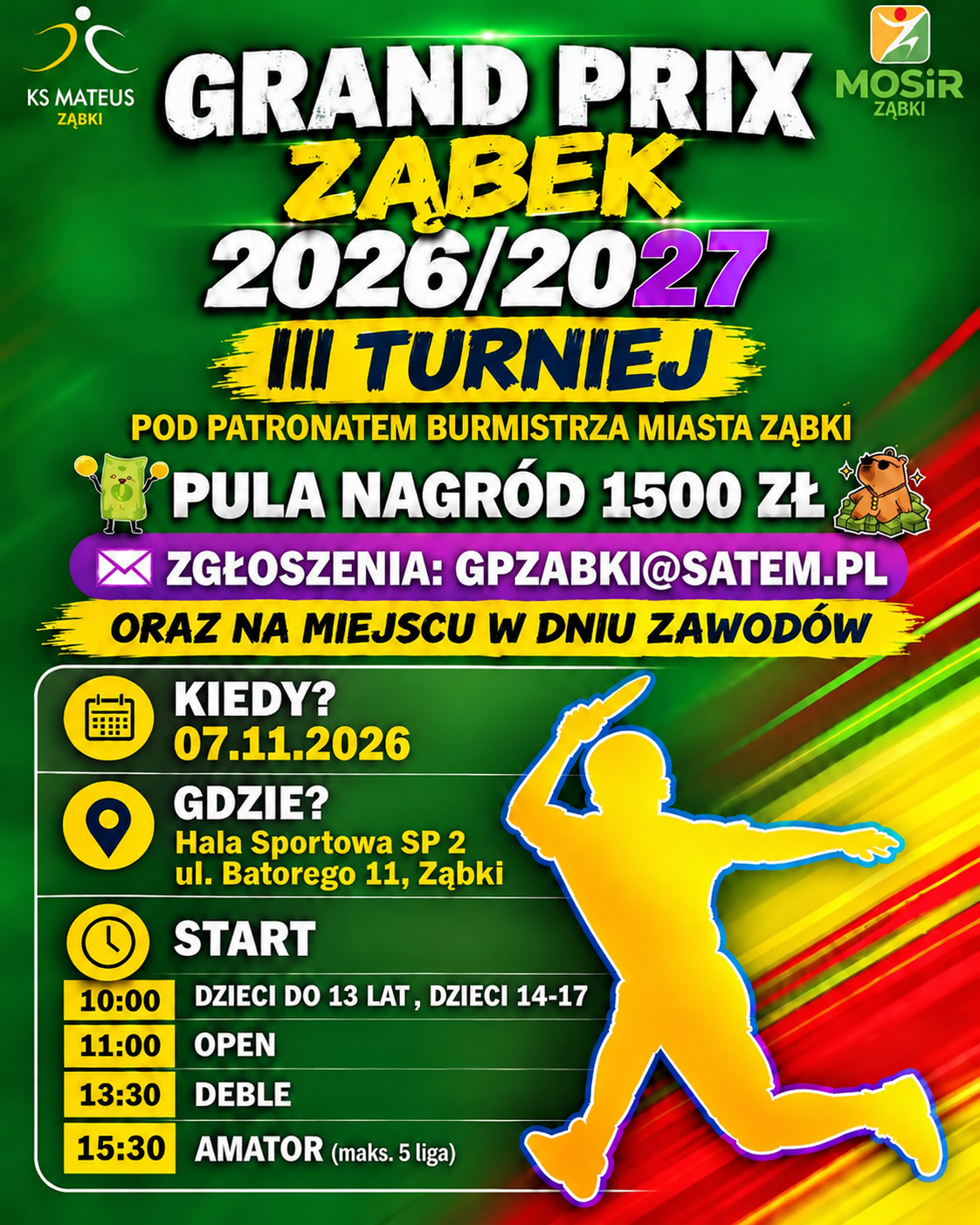Plakat turnieju GRAND PRIX Ząbek 2026/2027 w Tenisie Stołowym - 3 turniej